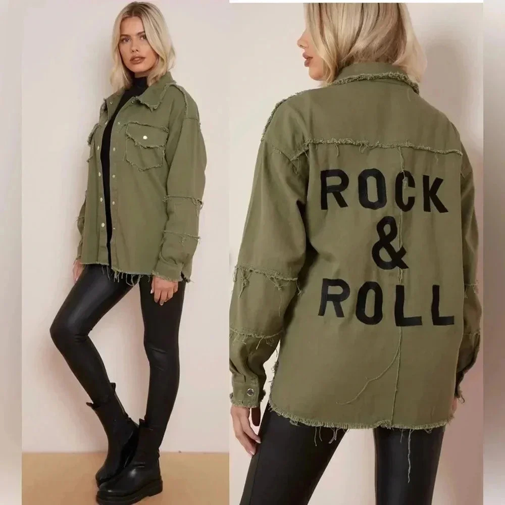 Elan Rock & Roll Army Green Raw Hem Shacket Jacket Size Small